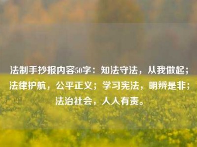 法制手抄报内容50字：知法守法，从我做起；法律护航，公平正义；学习宪法，明辨是非；法治社会，人人有责。